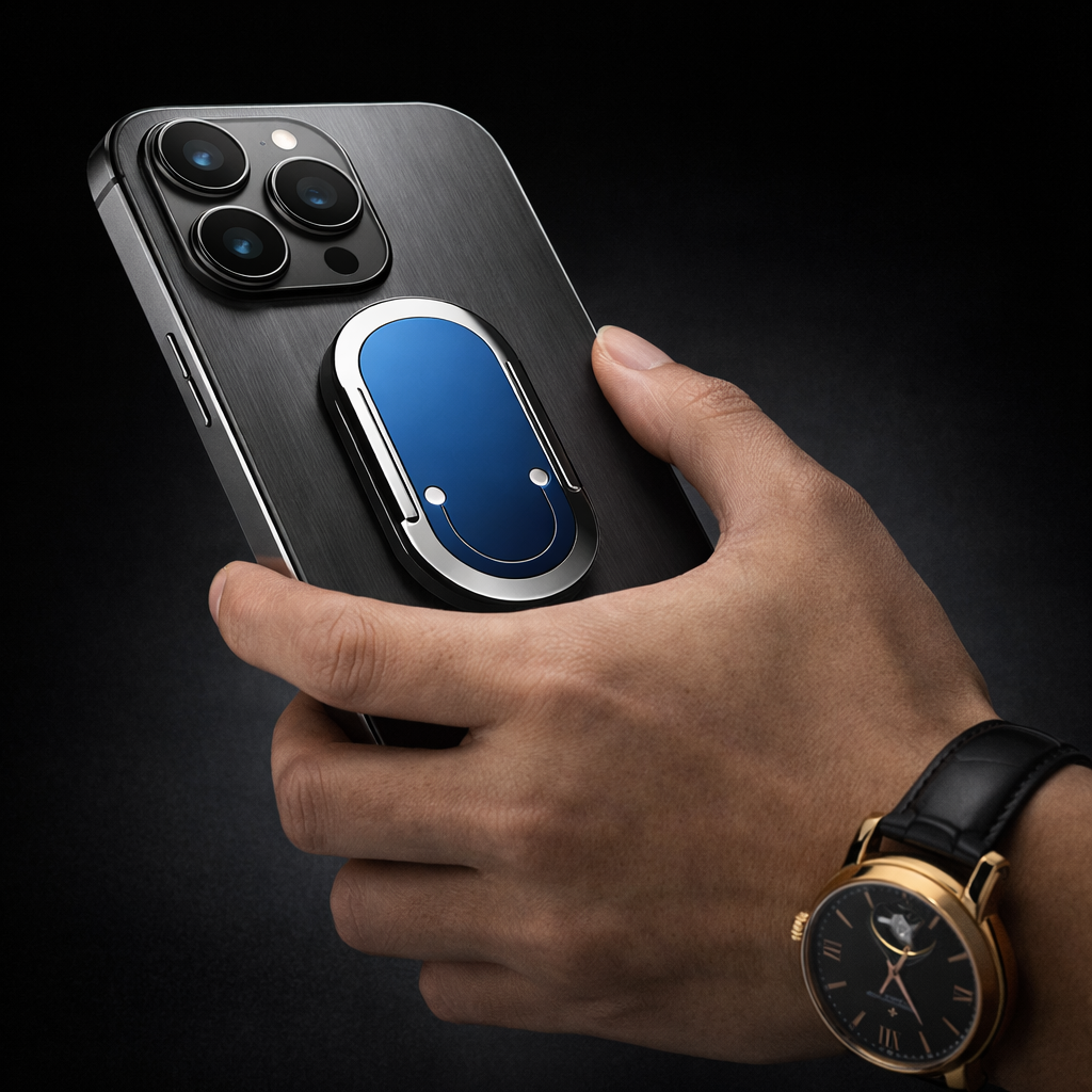 ArcGlow attached to the back of a phone while held in hand